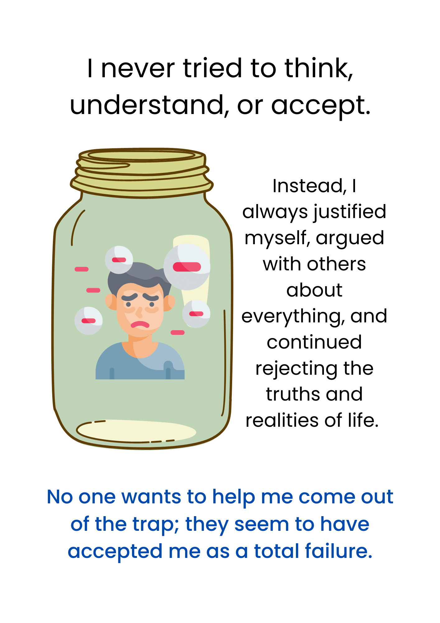 I never tried to think, understand and accept. Instead, I justified myself, argued with others and rejected the truths and realities of life.
